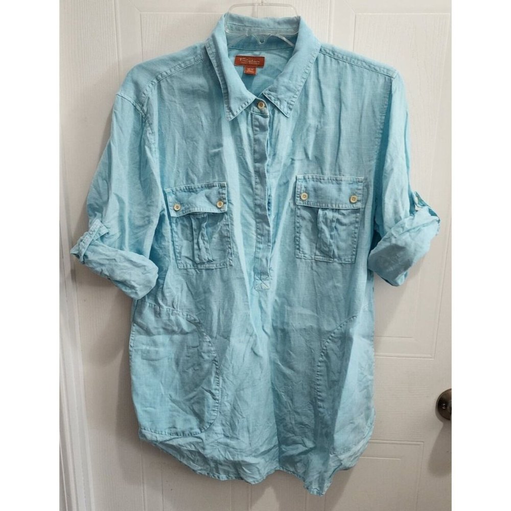 Tommy Bahama Relax Womens Roll Tab Sleeve Popover Tunic Top 100% Linen Blue Sz M